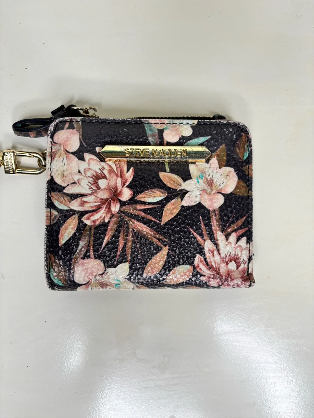 Steve Madden Black Floral Zip Wristlet Wallet with Gold Plaque